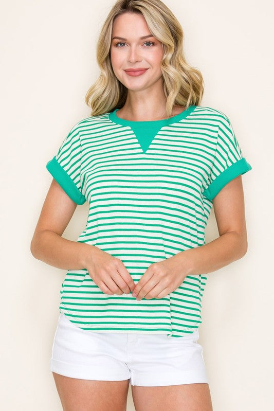 Striped Round Neck Short Sleeve Knit Top