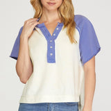 Raglan Short Sleeve Knit Button Up Top