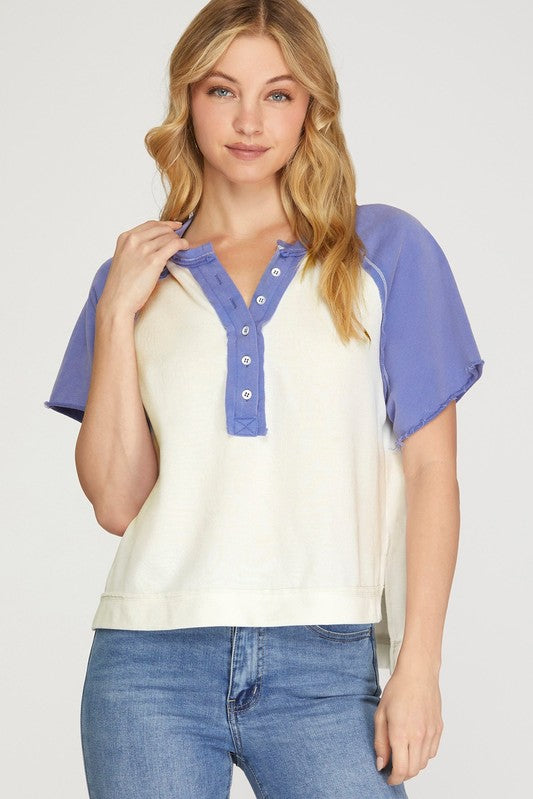 Raglan Short Sleeve Knit Button Up Top