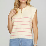 Drop Shoulder Half Zip Striped Sweater Top