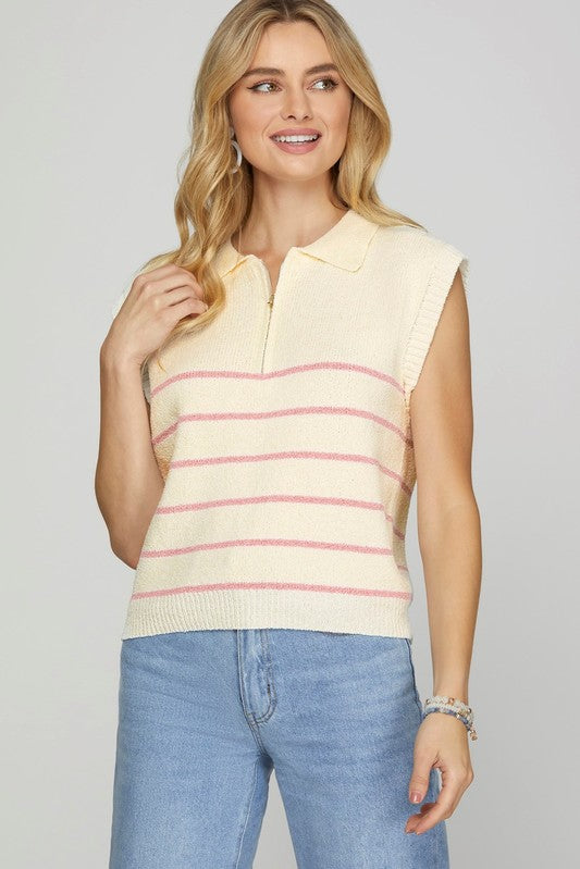 Drop Shoulder Half Zip Striped Sweater Top