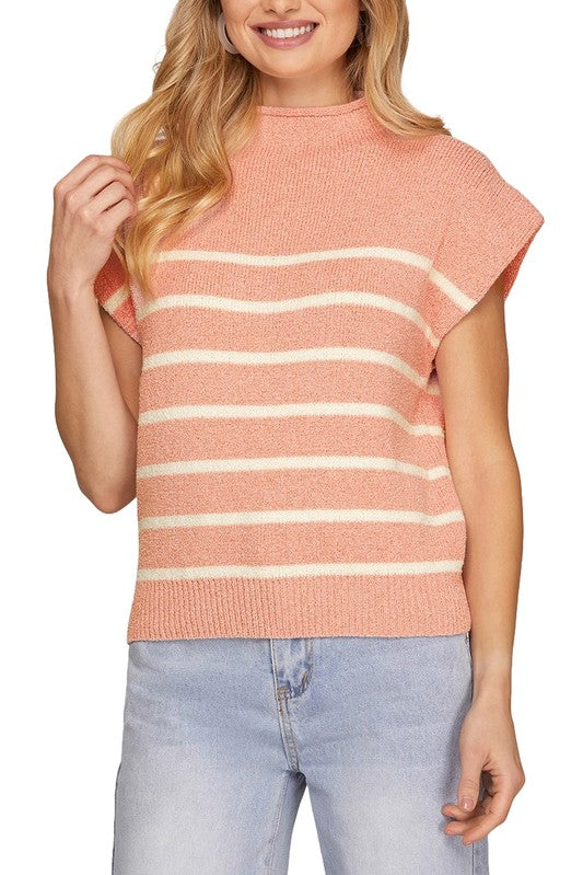 Drop Shoulder Mock Neck Striped Sweater Top