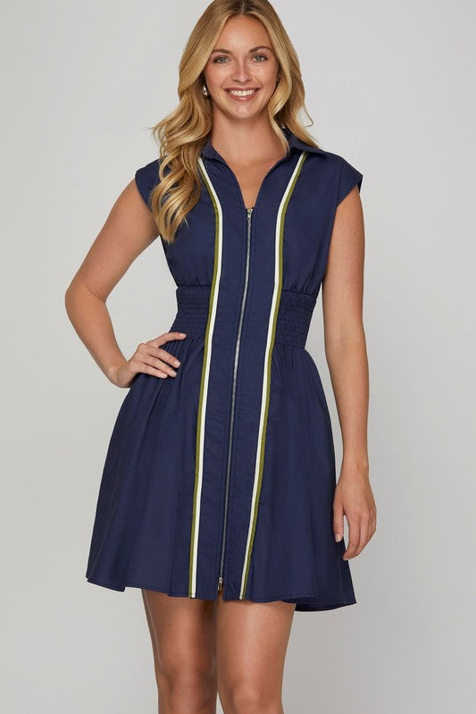 Drop Shoulder Smocked Waist Front Zip Dress with Pockets