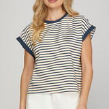 Short Sleeve Contrast Rib Striped Knit Top