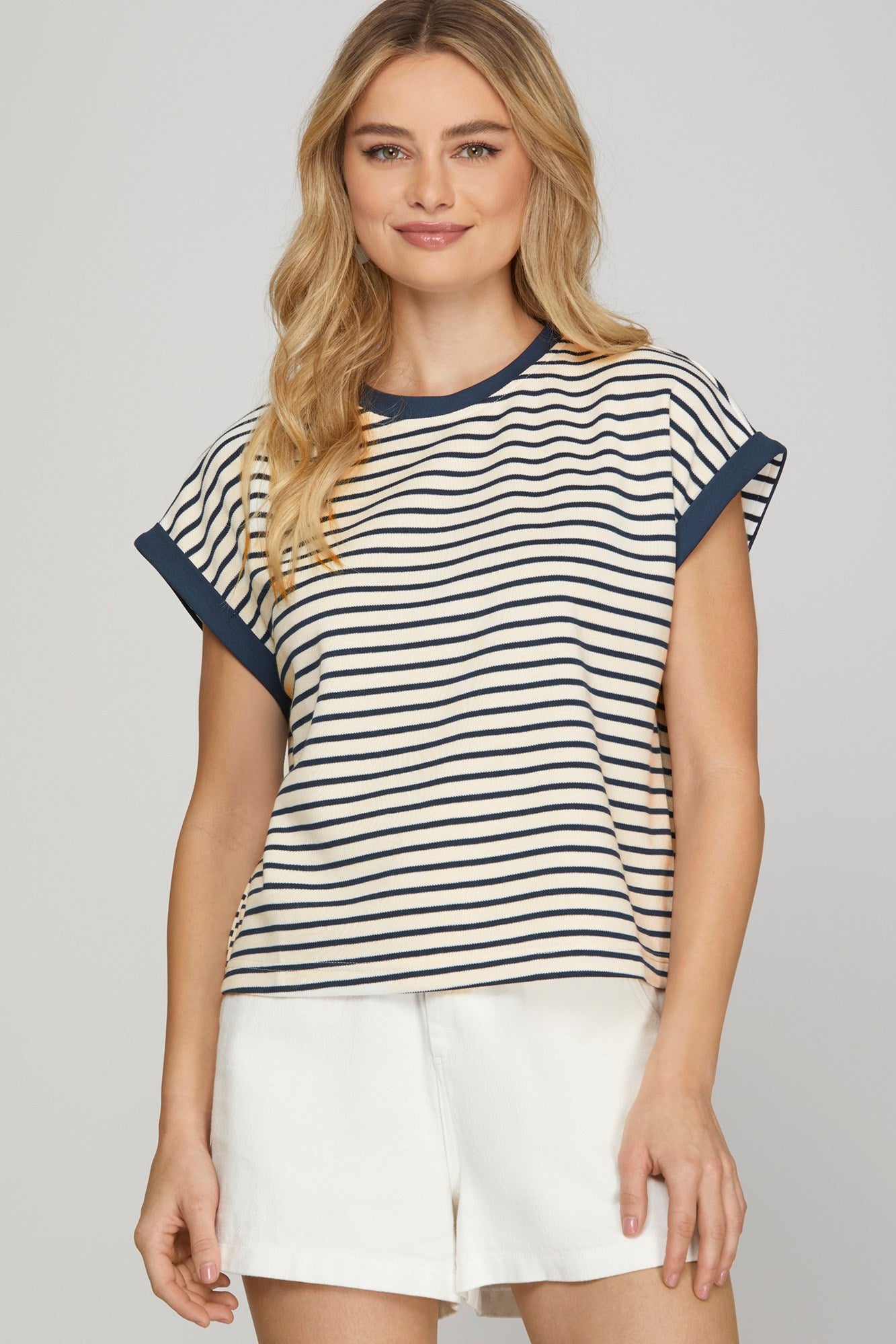 Short Sleeve Contrast Rib Striped Knit Top