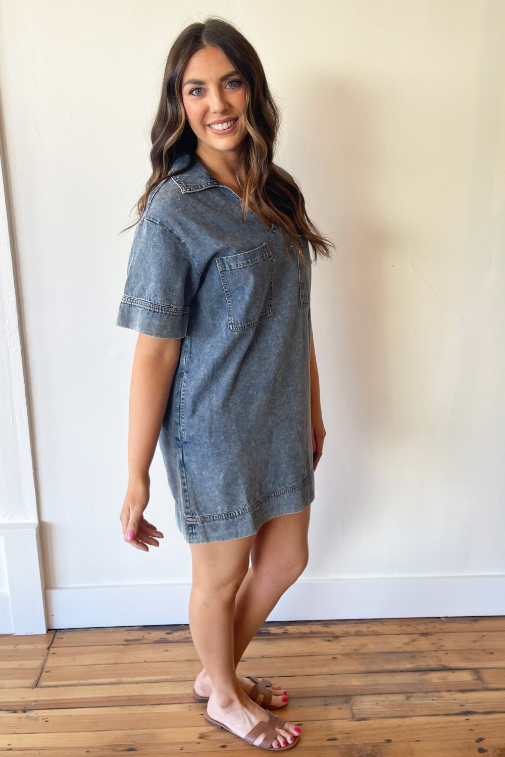 V-Neck Short Sleeve Denim Dress