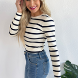 Round Neck Long Sleeve Stripe Knit Bodysuit