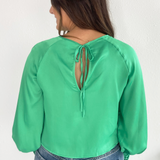 Long Sleeve Puff Satin Top with Back Tie