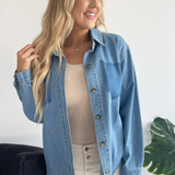 Cotton Denim Shirt with Burnout Pocket Detail