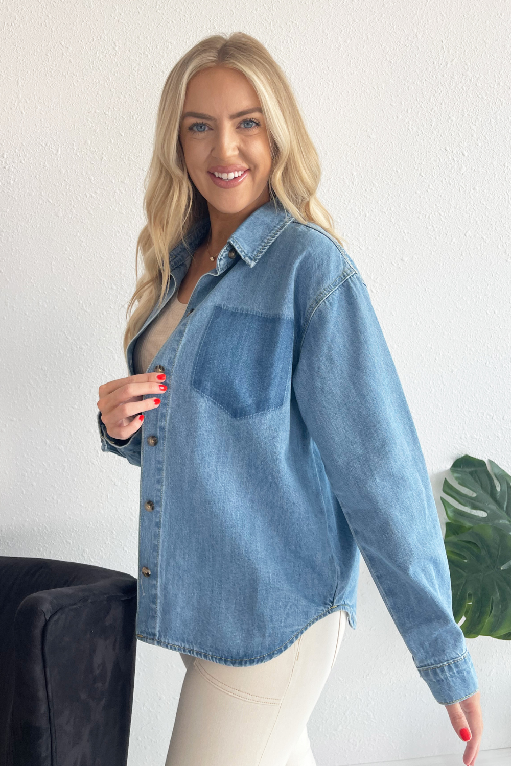 Cotton Denim Shirt with Burnout Pocket Detail