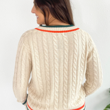 Stripe Detail Cable Knit V-Neck Sweater