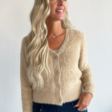 Fuzzy Eyelash Button Front Cardigan