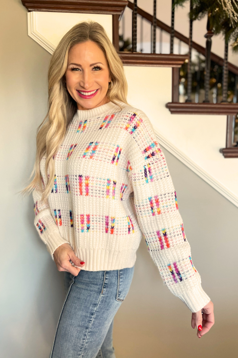 Long Sleeve Crew Neck Multi Color Sweater