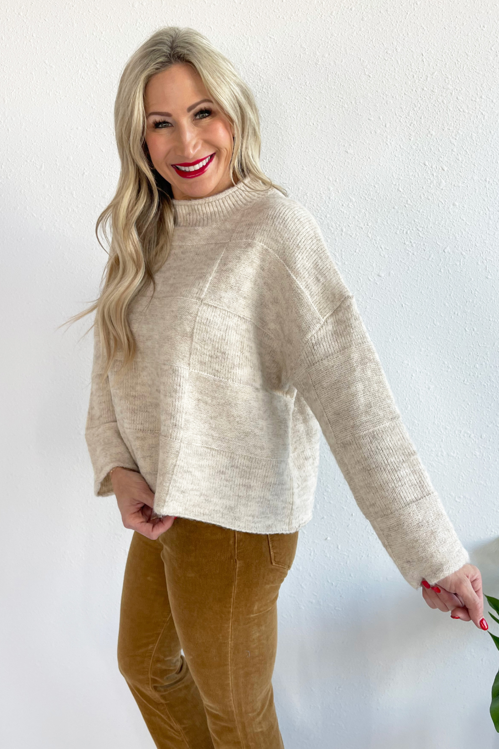 Checker Mock Neck Sweater Top