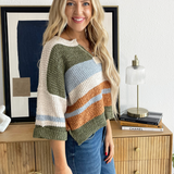 Striped Notched Collar 3/4 Sleeve Sweater