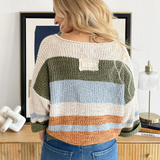 Striped Notched Collar 3/4 Sleeve Sweater