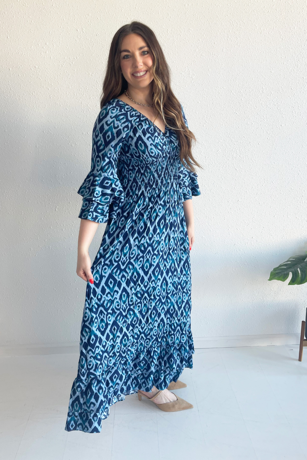 Large Swirl V-Neck Bell Sleeve Maxi