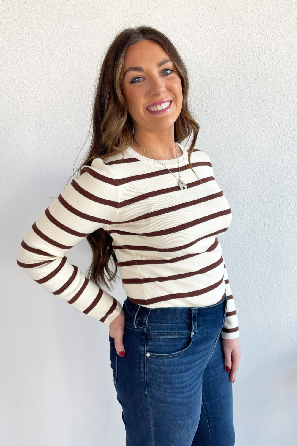 Round Neck Long Sleeve Stripe Knit Bodysuit