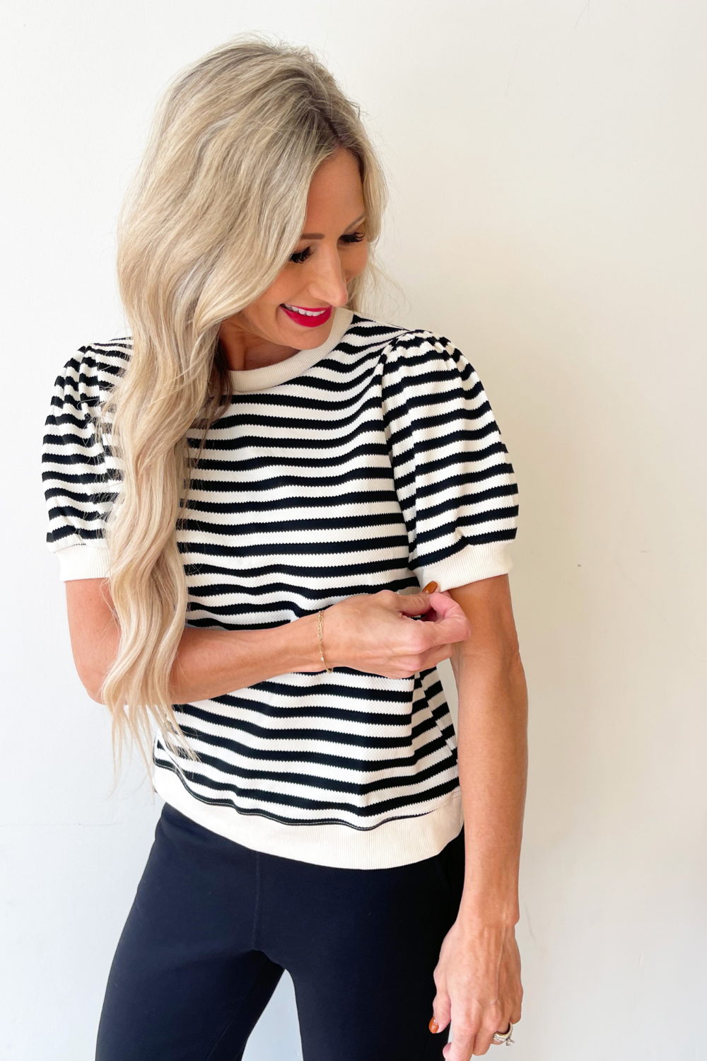 Striped Short Puffed Sleeves Top