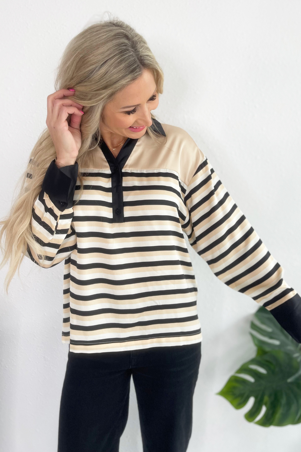 Stripe Satin Half Button Blouse