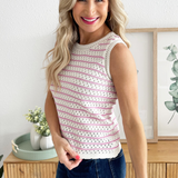 Crochet Stripe Sleeveless Crew Neck Pullover Sweater