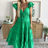 Fit and Flare Ruffled Shoulders Midi Dress