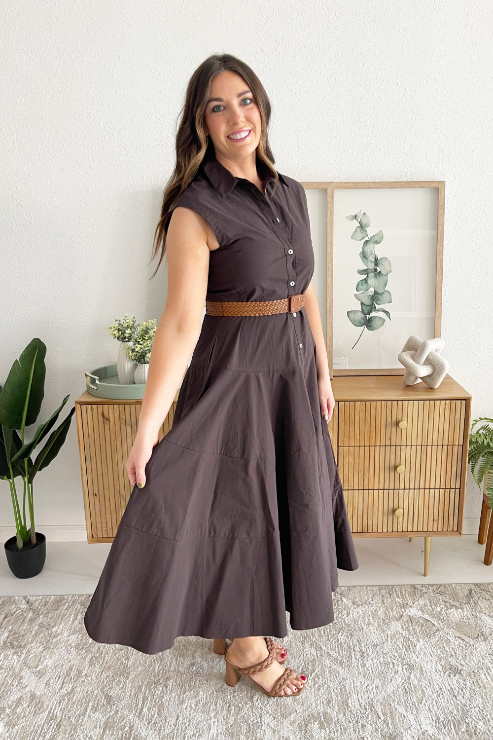 Solid Sleeveless Belted Midi Dress