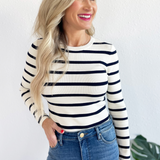 Round Neck Long Sleeve Stripe Knit Bodysuit