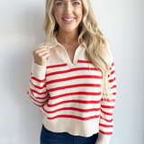 Striped Relaxed Crop Collared Sweater