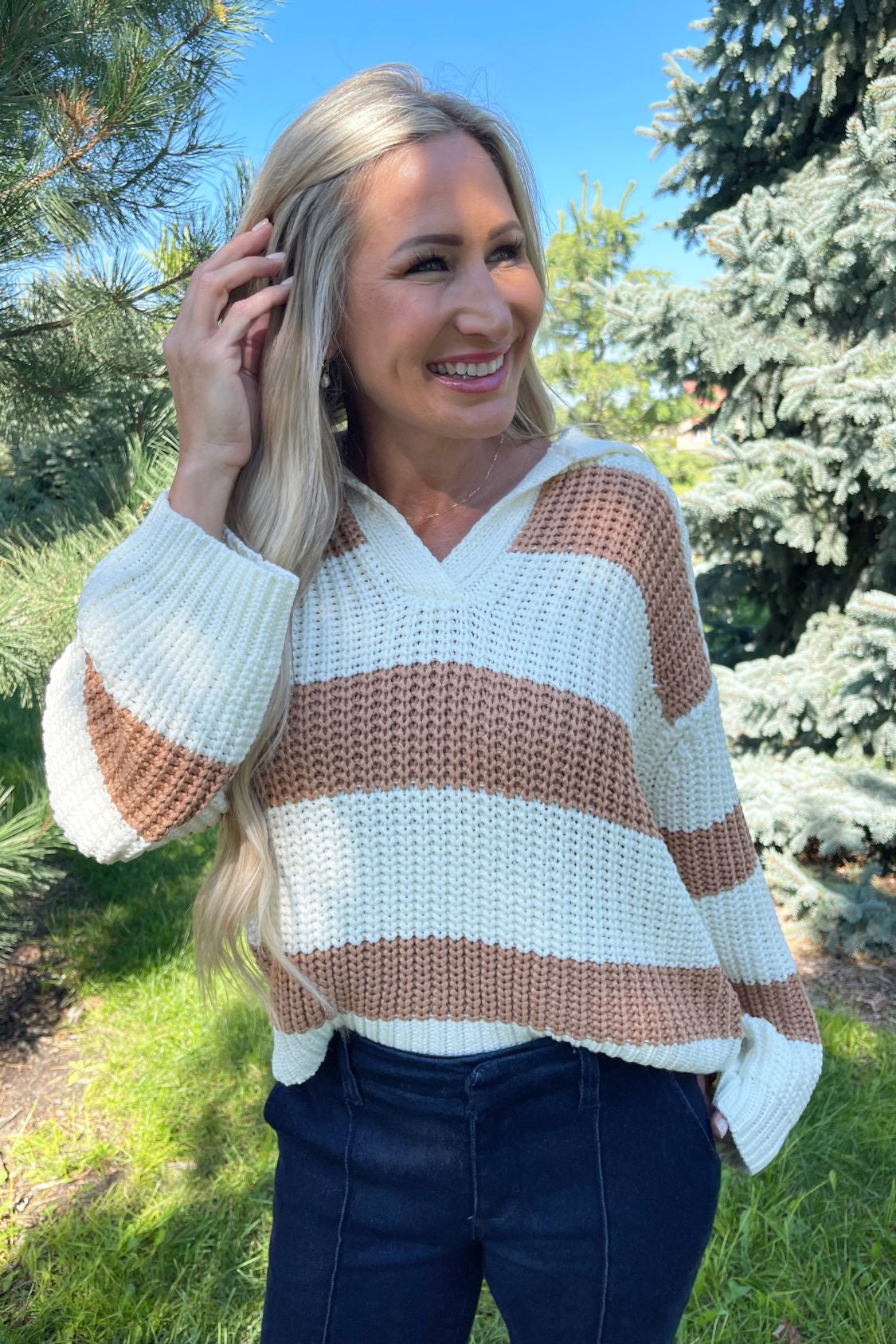 Collared Stripe V Neck Sweater