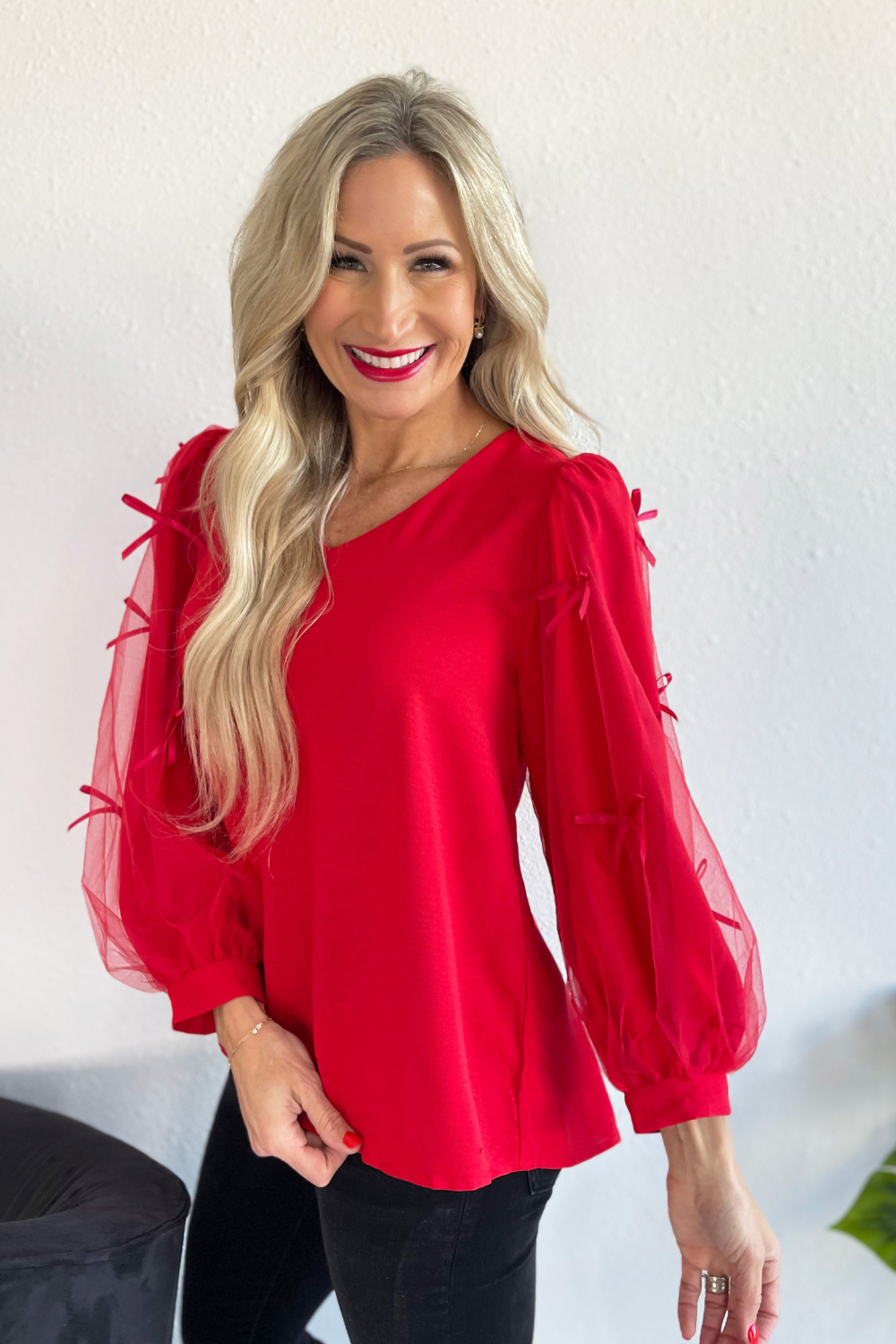 Mesh Bow Textured Layer Sleeves Top