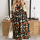 Abstract Print V-Neck Half Button Front Midi Dress