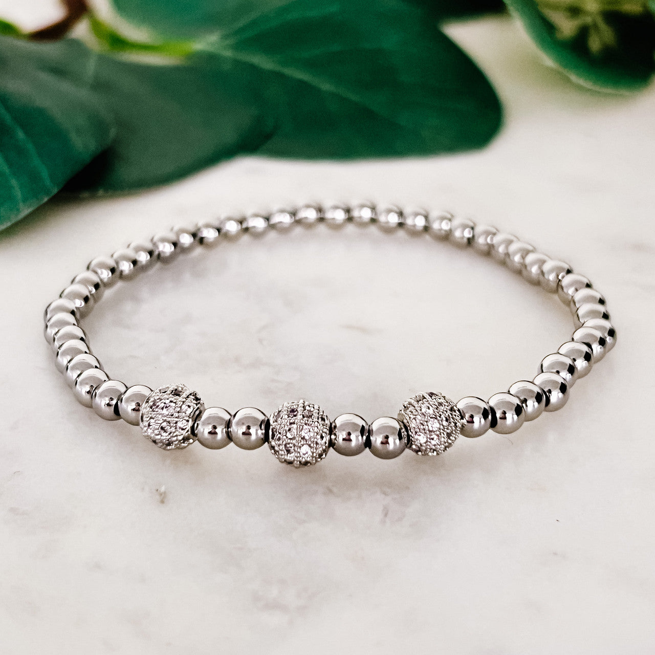 Stainless Steel Stretch Bracelet with Pave Balls