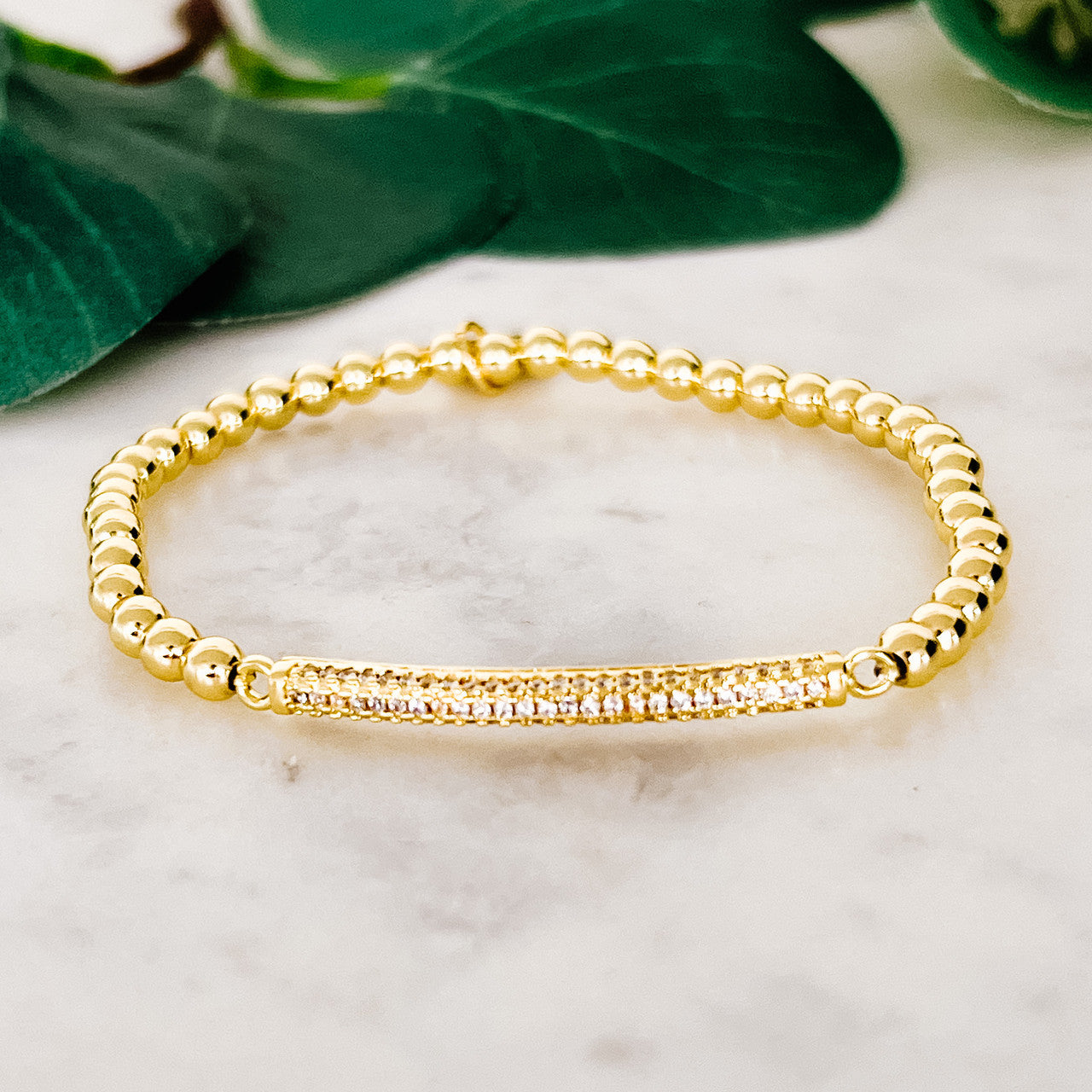 Stainless Steel Stretch Bracelet with Pave Bar