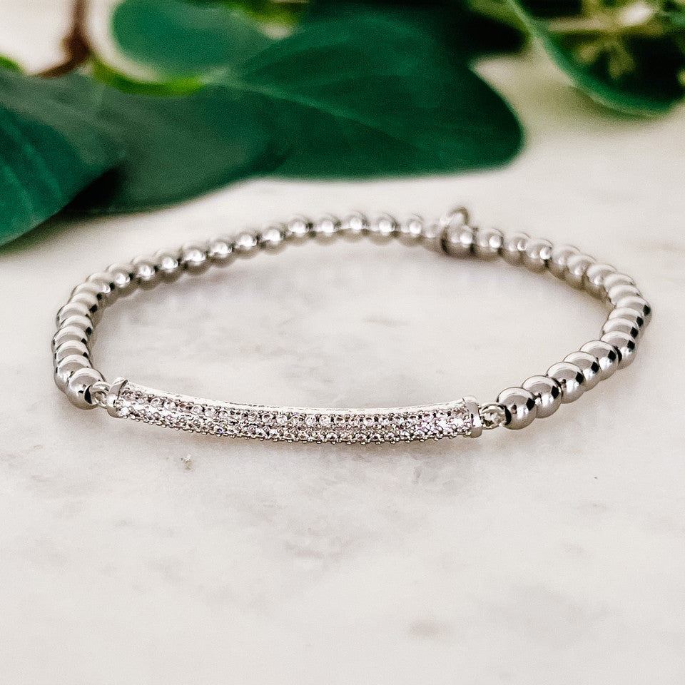 Stainless Steel Stretch Bracelet with Pave Bar