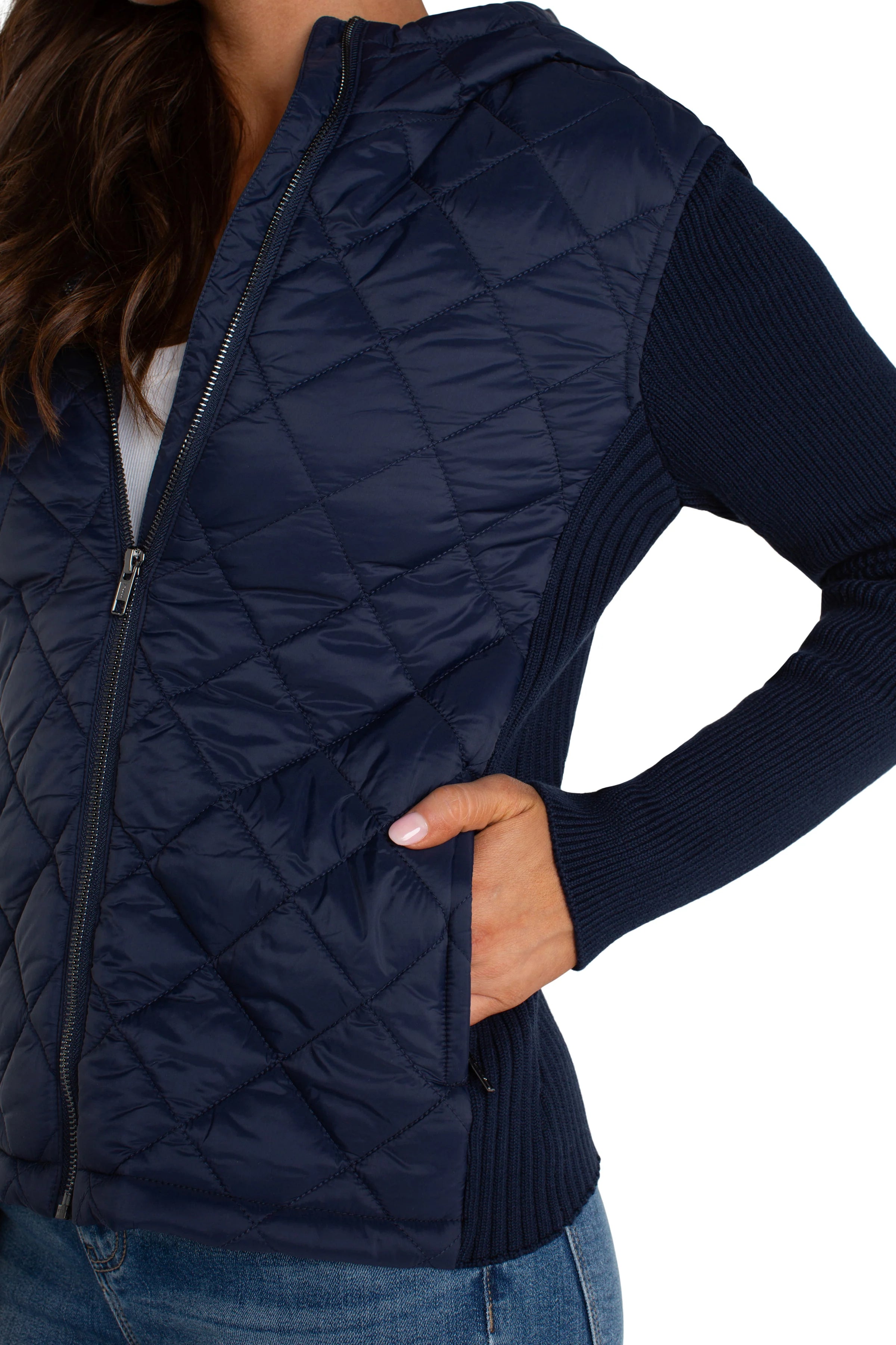 Long Sleeve Quilted Front Full Zip Hooded Jacket