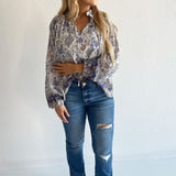 Border Print Tie Neck Blouse