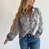 Border Print Tie Neck Blouse