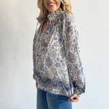 Border Print Tie Neck Blouse