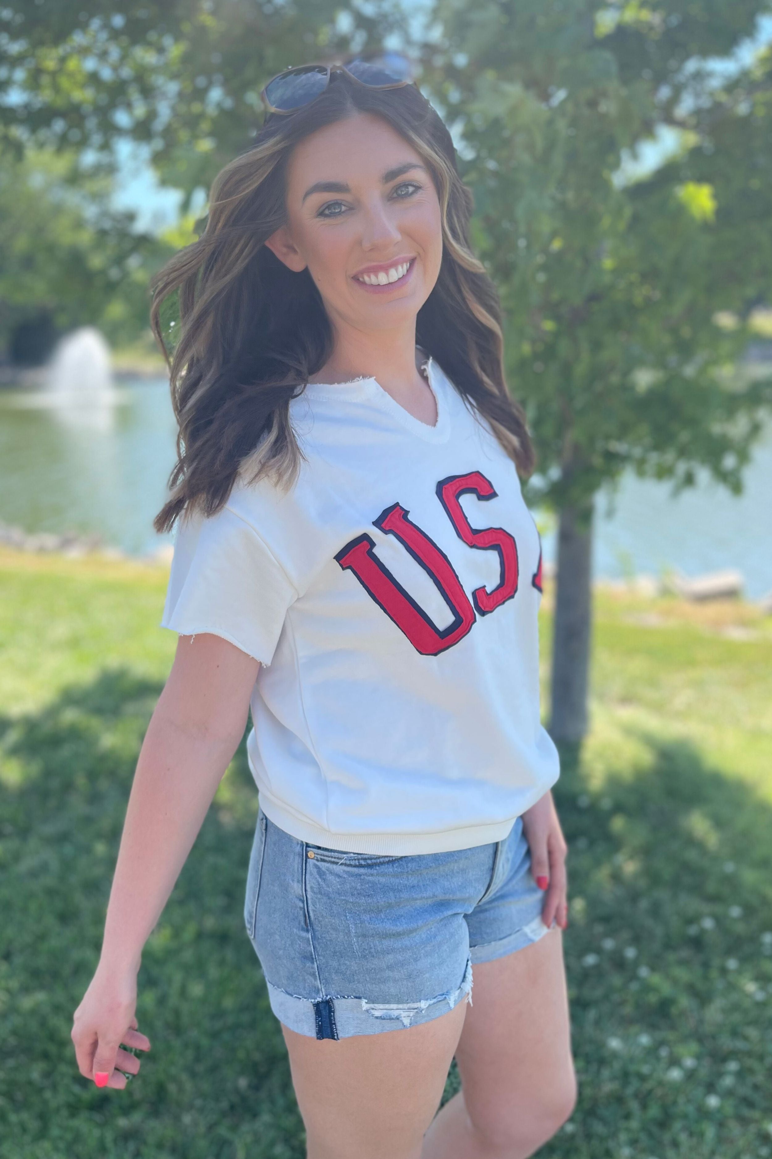 USA V-Neck Short Sleeve Sweatshirt