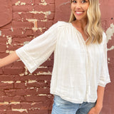 Shirred Woven Tie Front Top W/ Trim